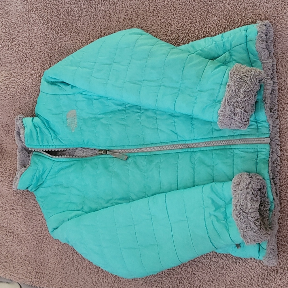 The North Face Kids Teal Puffer Jacket with Gray Faux Fur Trim